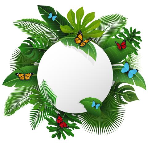 Panneau rond avec espace de texte de feuilles et de papillons tropicaux. Convient pour le concept de la nature, les vacances et les vacances d&#39;été. Illustration vectorielle vecteur