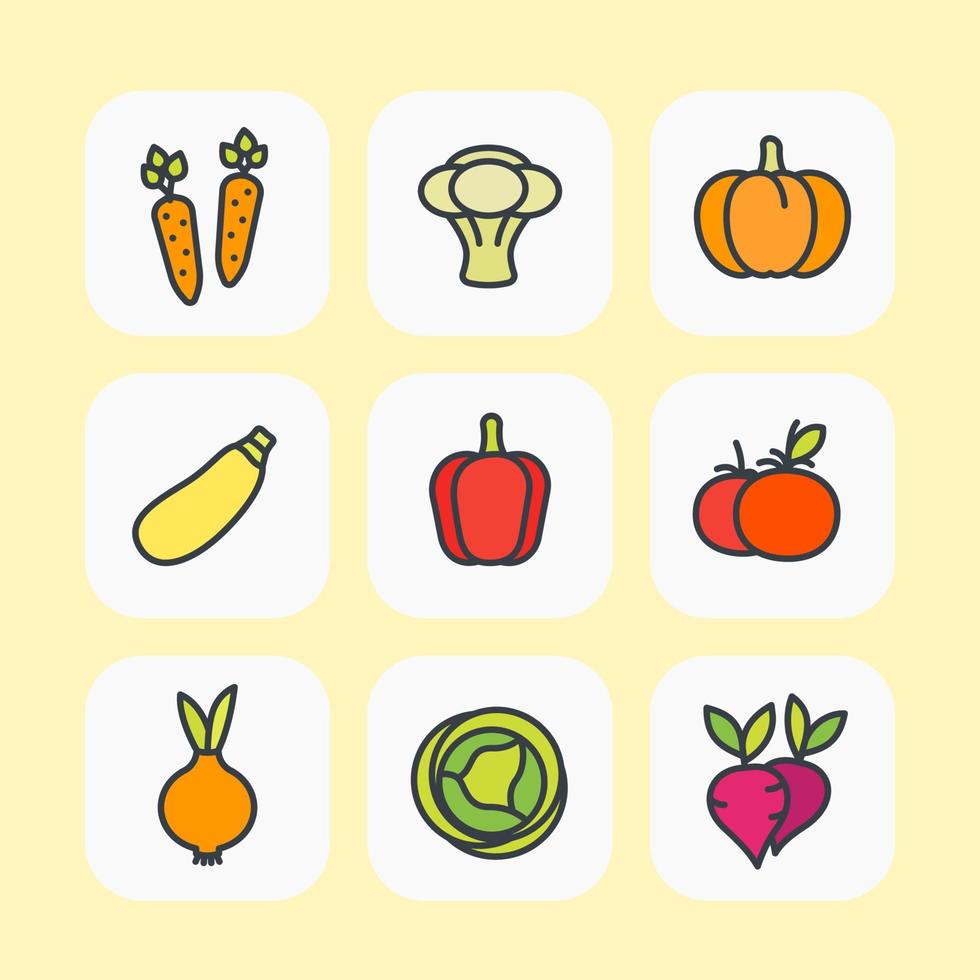 ensemble d'icônes de légumes, style plat avec contour vecteur