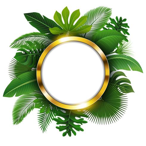 Bannière dorée ronde avec espace de texte de feuilles tropicales. Convient pour le concept de la nature, les vacances et les vacances d&#39;été. Illustration vectorielle vecteur