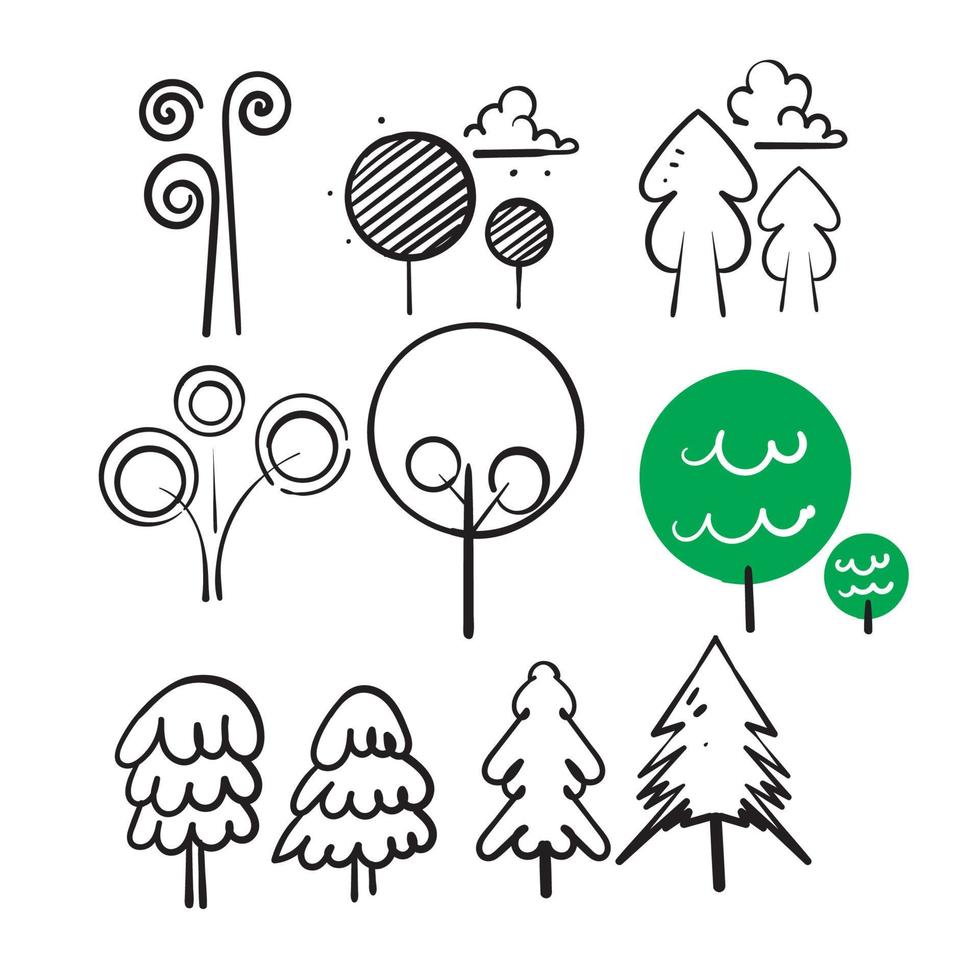 icône de collection d'illustration d'arbre doodle dessinés à la main isolé vecteur