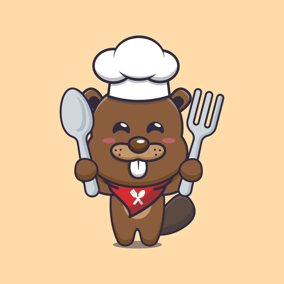 personnage de dessin animé mignon castor chef mascotte tenant une cuillère et une fourchette vecteur