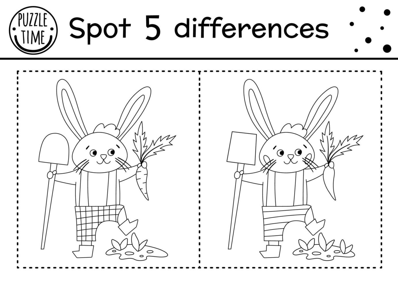 pâques trouver le jeu des différences pour les enfants. activité éducative de vacances en noir et blanc et page de coloriage avec lapin drôle avec bêche et carotte. feuille de travail imprimable de jardin de printemps avec un personnage mignon. vecteur