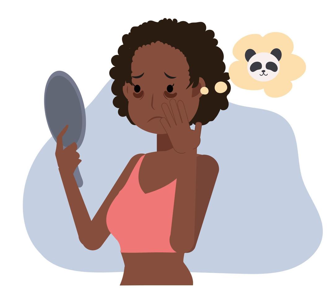 soins de la peau, illustration de concept de beauté. femme afro-américaine avec des cernes sur le visage. femme inquiète des cercles sombres. illustration de personnage de dessin animé vectoriel plat.