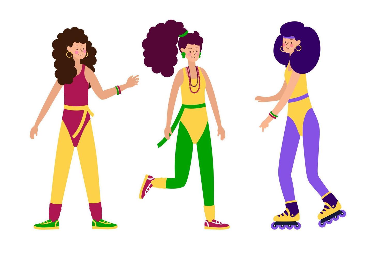 heureux jeunes personnages filles dans des vêtements à la mode leggings et maillots de bain et coiffures de la fête des femmes rétro élégantes des années 80-90. illustration vectorielle de personnes de dessin animé vecteur