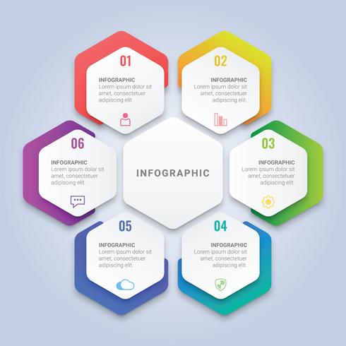 Modèle d&#39;infographie hexagone 3D moderne avec six options pour la disposition du flux de travail, diagramme, rapport annuel, conception Web vecteur