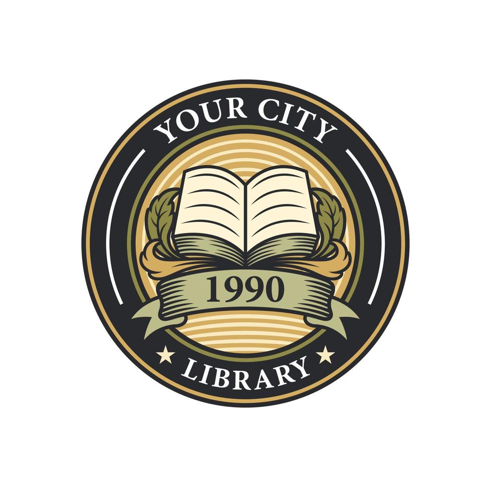 logo de bibliothèque vintage avec livre et ornement classique vecteur