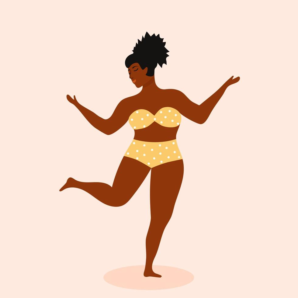 taille plus femme afro-américaine en maillot de bain dansant. corps positif, acceptation, féminisme, fitness, concept sportif. vecteur