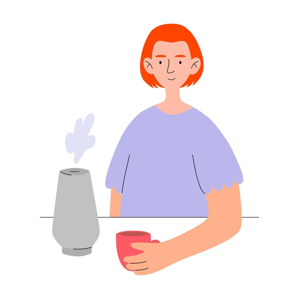 fille avec tasse. concept de purificateur d'air à la maison. illustration plate de vecteur. vecteur