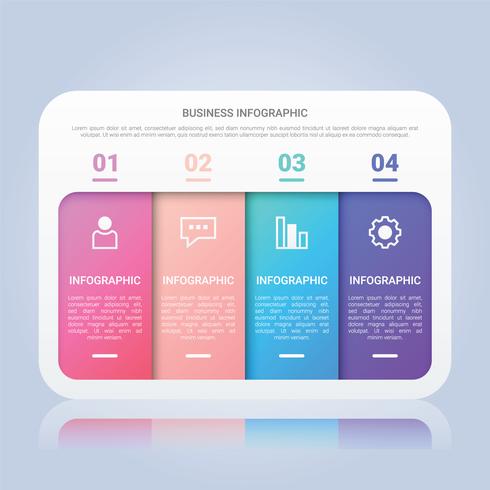 Modèle d&#39;infographie commerciale moderne avec étiquette multicolore en quatre étapes vecteur
