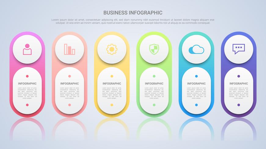 Modèle d&#39;infographie simple pour entreprise avec une étiquette multicolore en six étapes vecteur