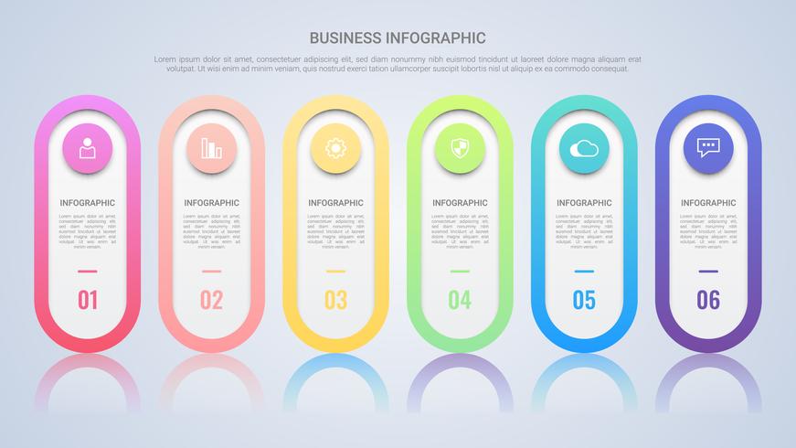 Modèle d&#39;infographie minimaliste pour entreprise avec une étiquette multicolore en six étapes vecteur