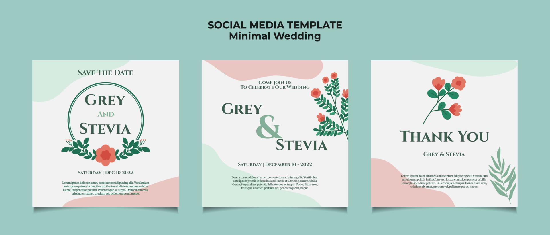modèle d'invitation de mariage minimal pour publication sur les réseaux sociaux avec fond abstrait simple et ornement floral vectoriel plat et couleur pastel douce