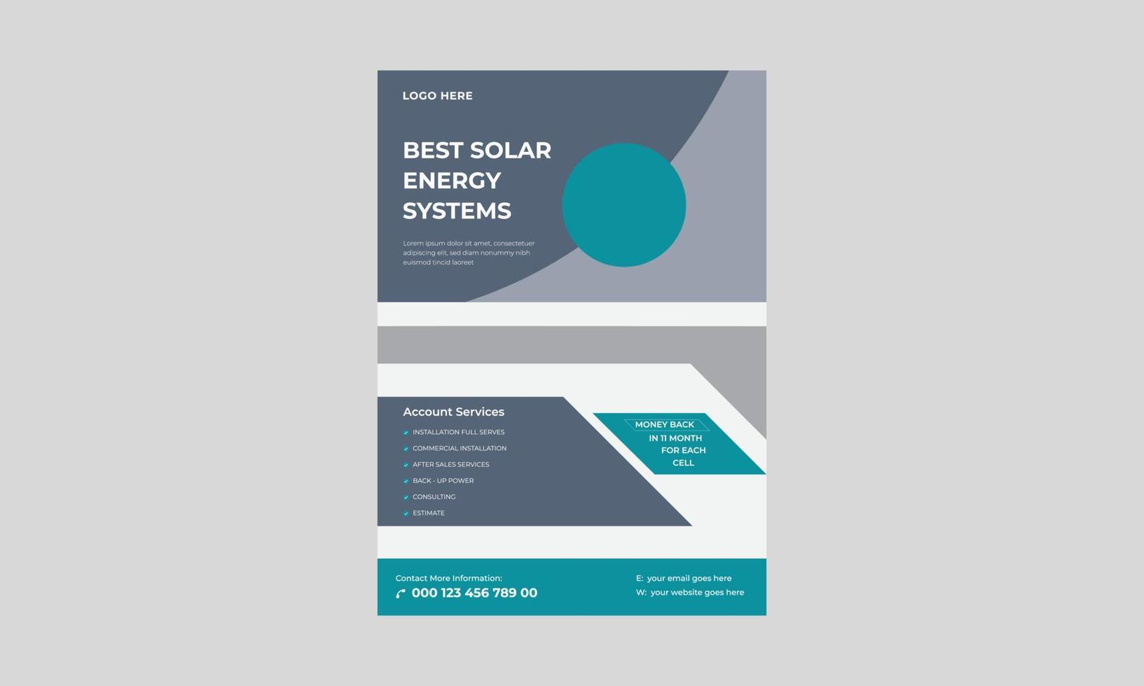 modèle de flyer de produit de panneau d'énergie solaire, modèles de flyer d'énergie solaire, flyer de solutions d'experts solaires, conception de flyer d'énergie verte. vecteur