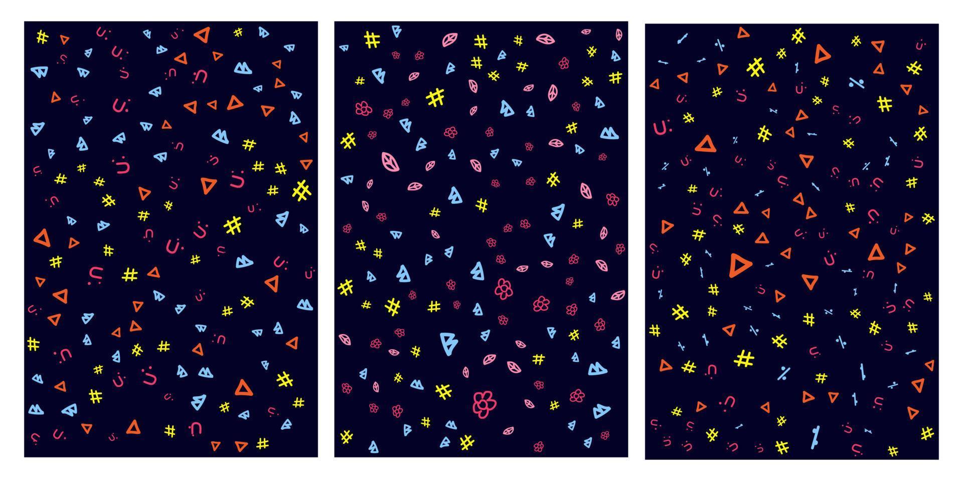 motifs, arrière-plans géométriques abstraits avec différentes formes géométriques - triangles, cercles, points, lignes. façon memphis. lumineux et coloré, style années 90. modèle vectorielle continue. couleur néon, rando vecteur