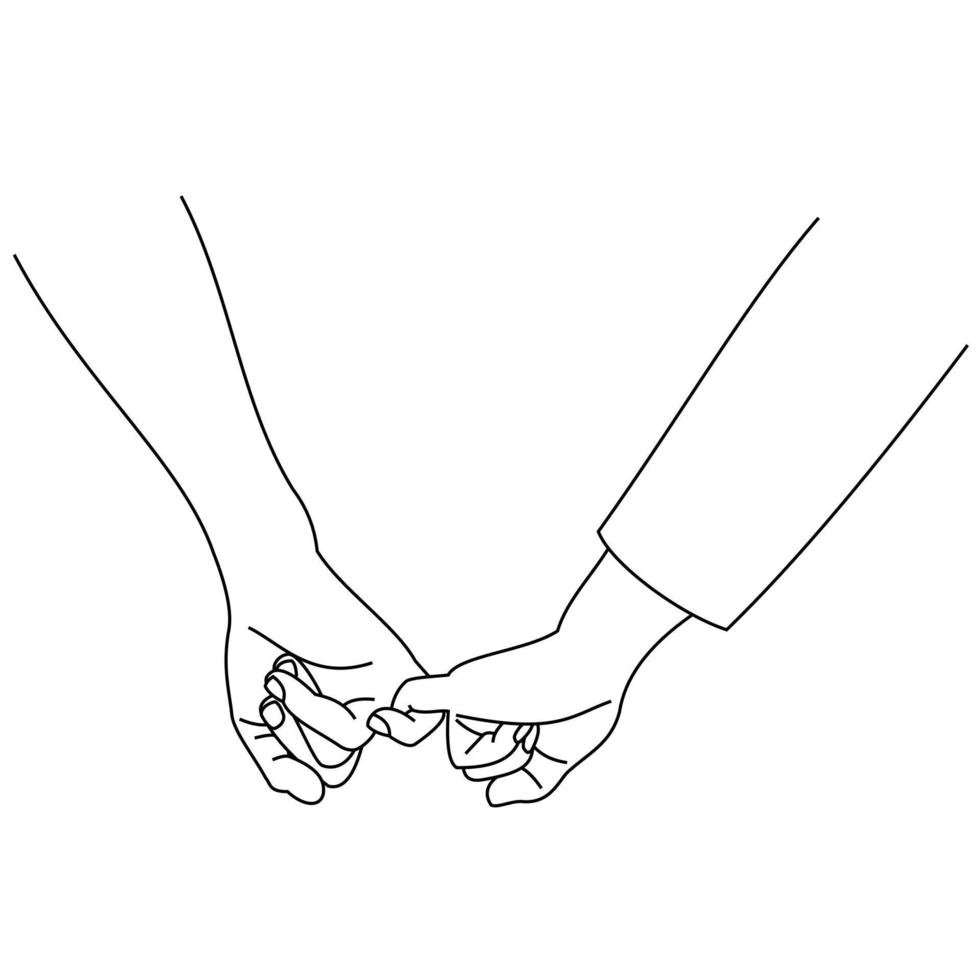 ligne d'illustration dessinant des mains faisant la promesse comme concept d'amitié. couple d'amoureux main dans la main. les mains de deux personnes accrochent leurs petits doigts ensemble. conception de promesse pinky pour chemise ou veste vecteur