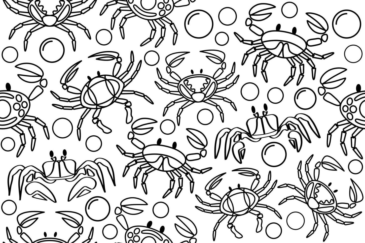 modèle sans couture de crabes noir et blanc. crabes et bulles d'air dans une eau avec de fines lignes noires. modèle sans couture de vecteur de crabe de contour.