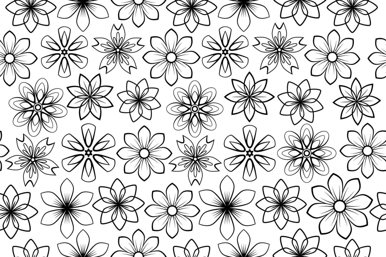 floral sans couture noir et blanc. fleurs et feuilles. répéter l'arrière-plan monochrome. imprimé d'été et de printemps. fleurs d'art en ligne en fleurs et herbes à fleurs avec des lignes noires sur fond blanc. vecteur