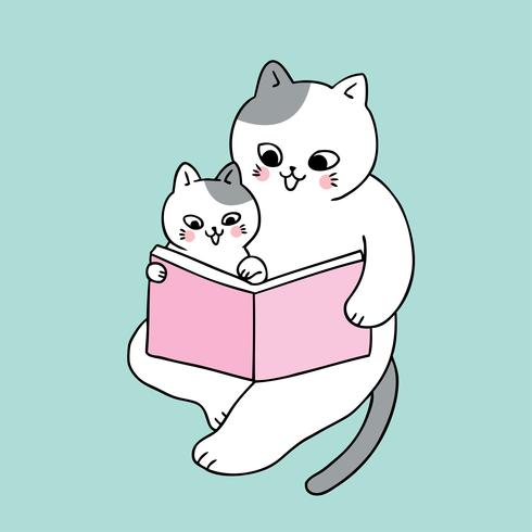 Dessin animé mignon papa et bébé chat lecture livre vecteur. vecteur