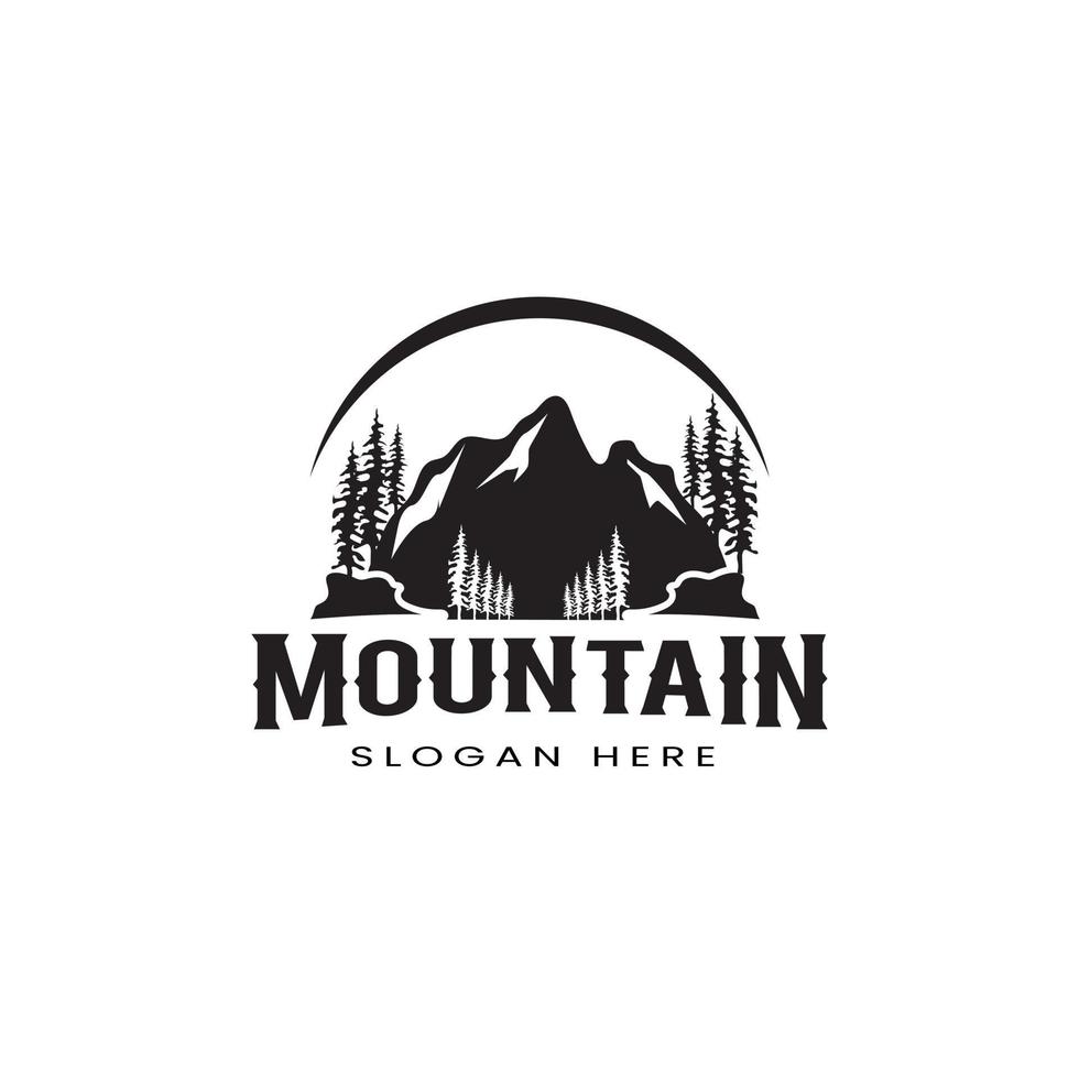 création de logo symbole insigne plein air aventure montagne et arbres vecteur