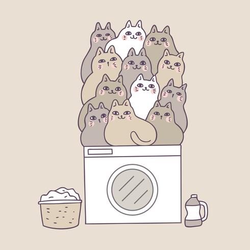Dessin animé de chats mignons sur le vecteur de la machine à laver.