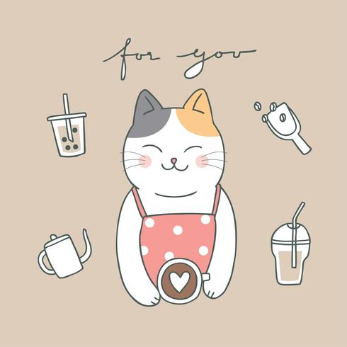 Vecteur de chat et café mignon de bande dessinée.