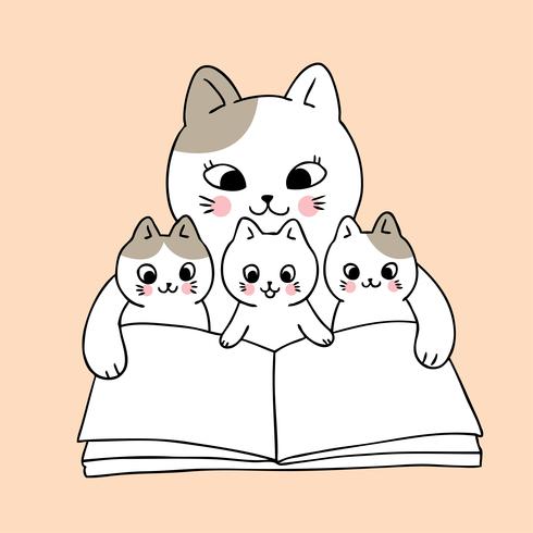 Maman dessin animé et bébé chat livre vecteur de lecture.