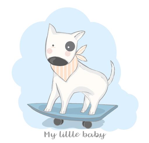 mignon bébé chien jouer skateboard cartoon illustration de style.vector dessiné à la main vecteur