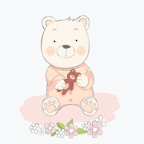 joli bébé ours avec illustration de style.vector dessiné à la main de poupée vecteur