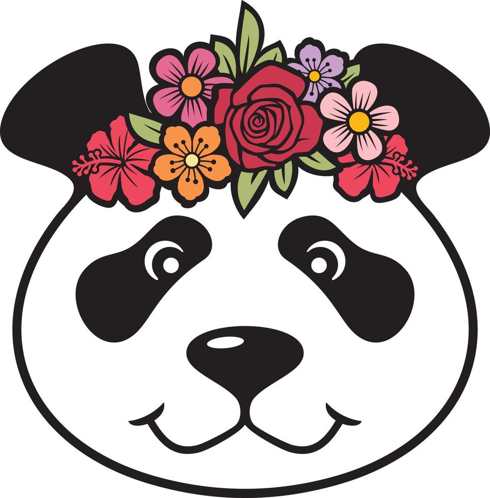 panda fleuri. tête avec des fleurs. vecteur