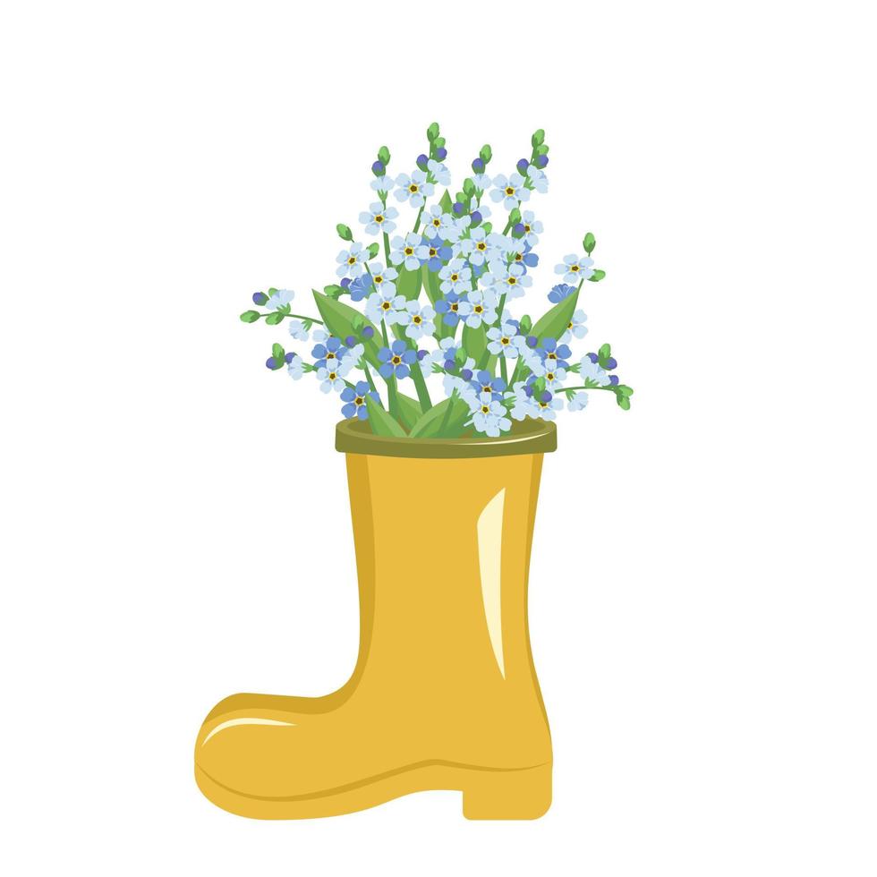 joli bouquet printemps été de petites fleurs bleues ne m'oubliez pas avec des tiges et des feuilles dans un vase en forme de botte jaune. conception intérieure. magasin de plantes. illustration vectorielle vecteur