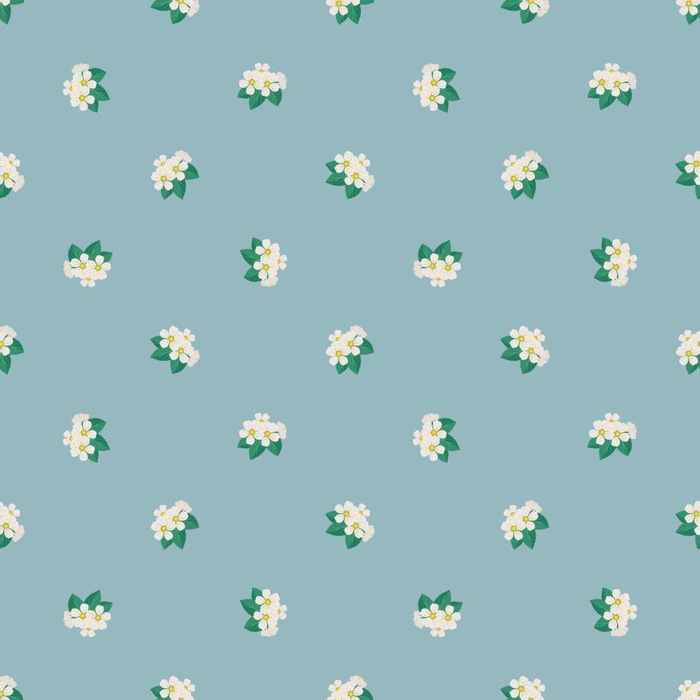 modèle sans couture avec des fleurs de cerisier blanc sur une branche avec des feuilles sur fond bleu. impression de décoration printanière, plante d'arbre fruitier en fleurs. illustration vectorielle plate vecteur