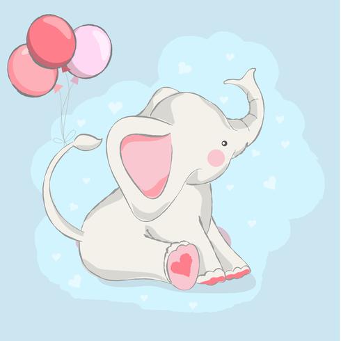 bébé éléphant mignon avec ballon style cartoon dessiné à la main vecteur