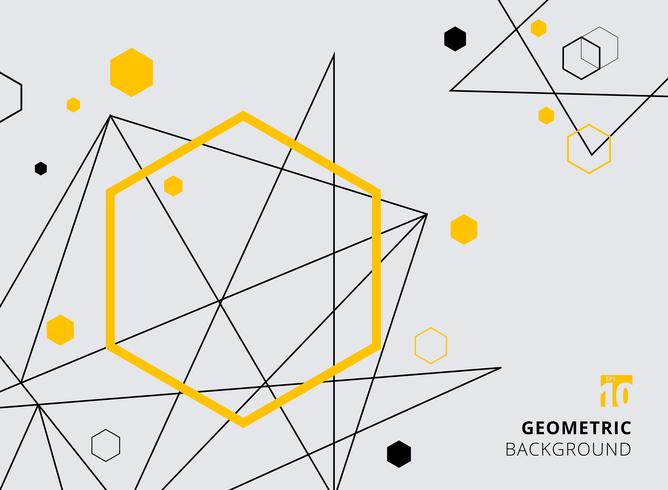 Hexagone géométrique abstrait jaune et noir avec des lignes sur fond gris. vecteur