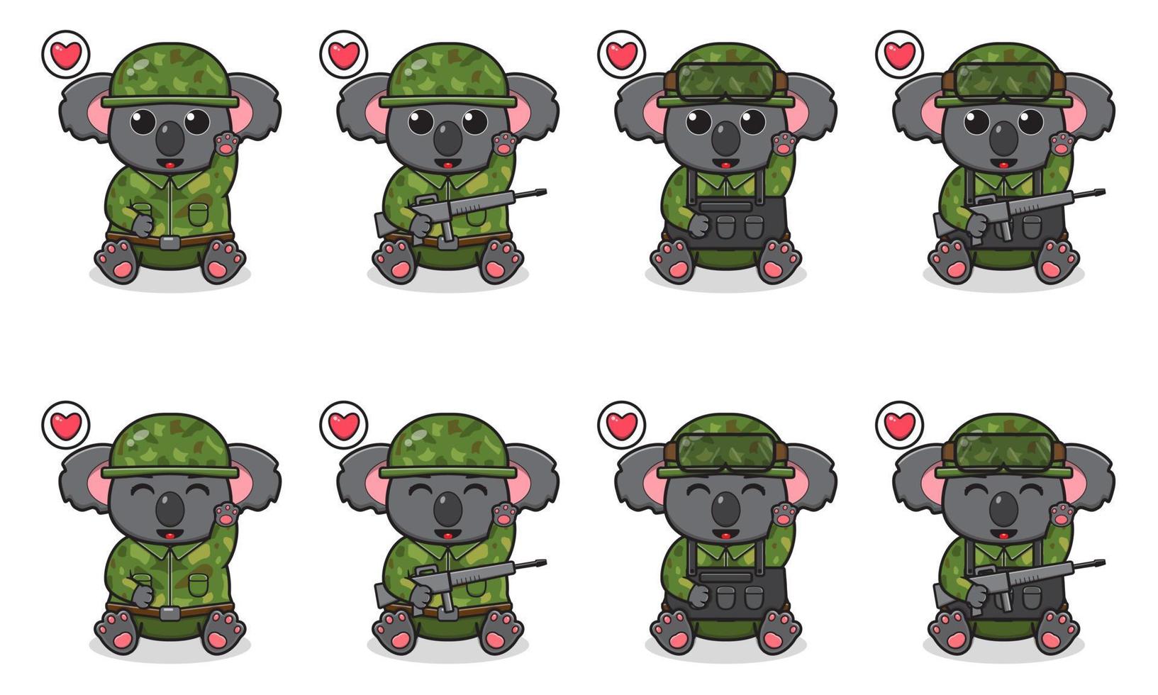 illustration vectorielle de dessin animé mignon koala assis avec costume de soldat et pose de la main vers le haut. vecteur