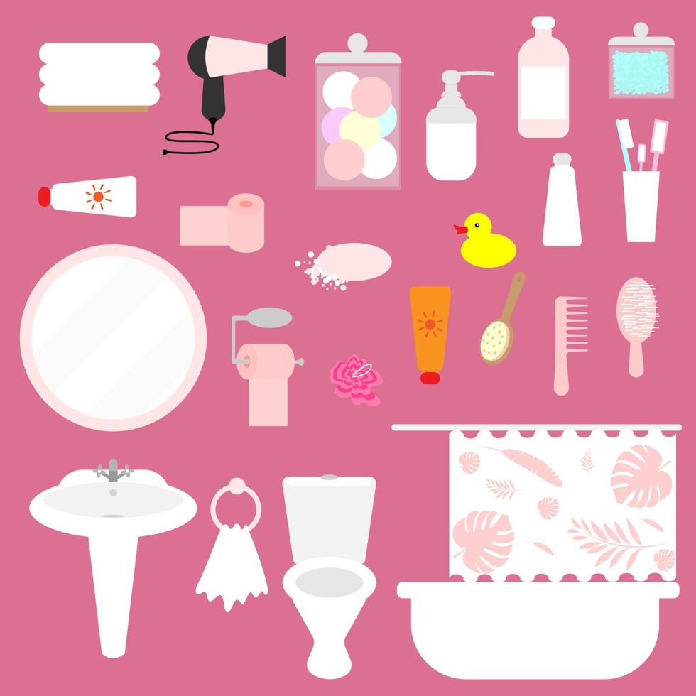 ensemble d'accessoires de salle de bain, accessoires de salle de bain, produits d'hygiène, savon, brosse à dents, évier, peigne, brosse, shampoing, image vectorielle vecteur