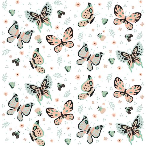 Papillons dessinés à la main, insectes, fleurs et plantes Seamless Pattern isolé sur fond blanc - Illustration vectorielle vecteur