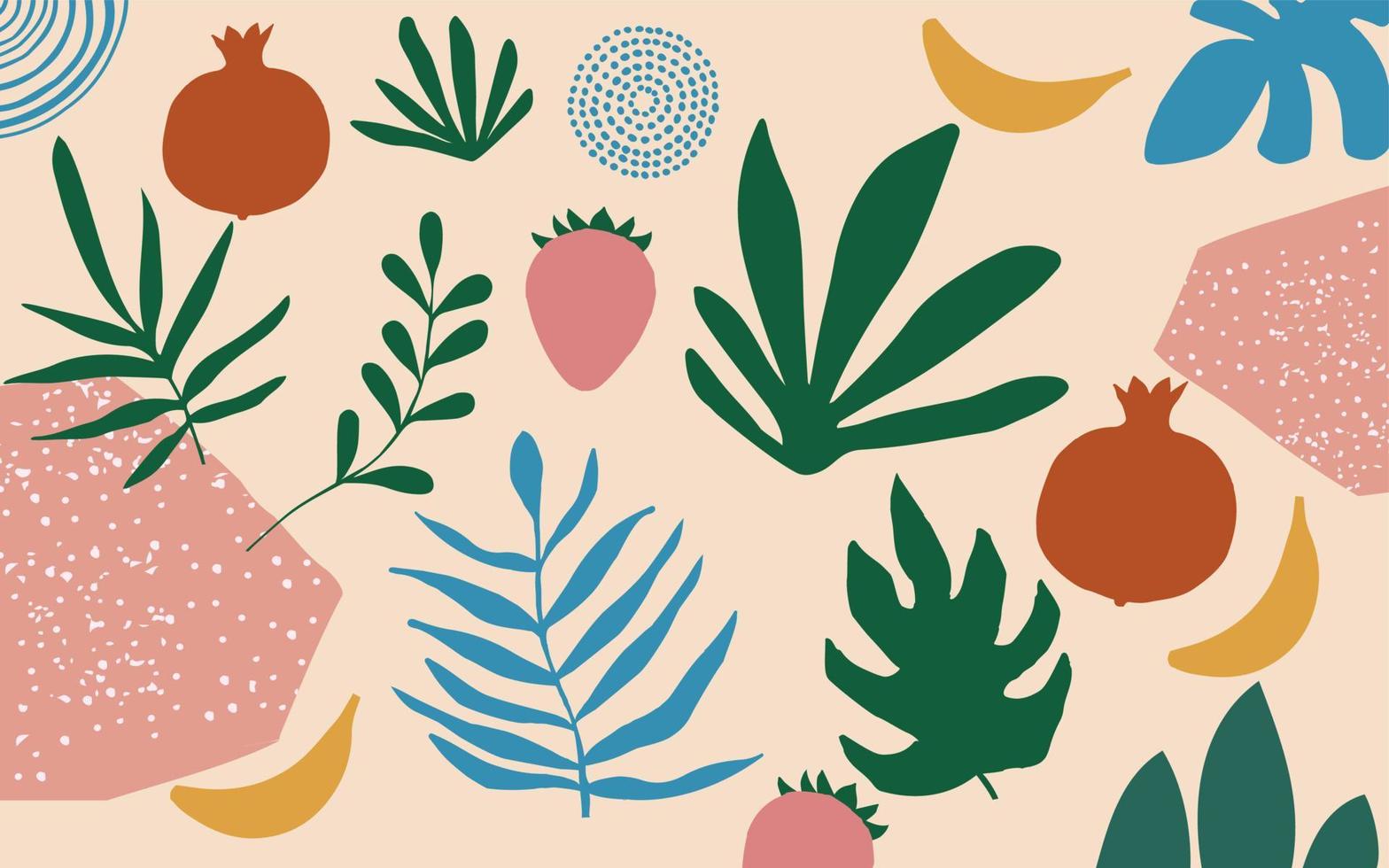 illustration vectorielle d'affiche botanique. dessin de feuillage avec des formes abstraites et des fruits. impression d'art de feuilles minimales et naturelles. conception abstraite de fruits pour le fond, le papier peint, la carte, l'emballage vecteur