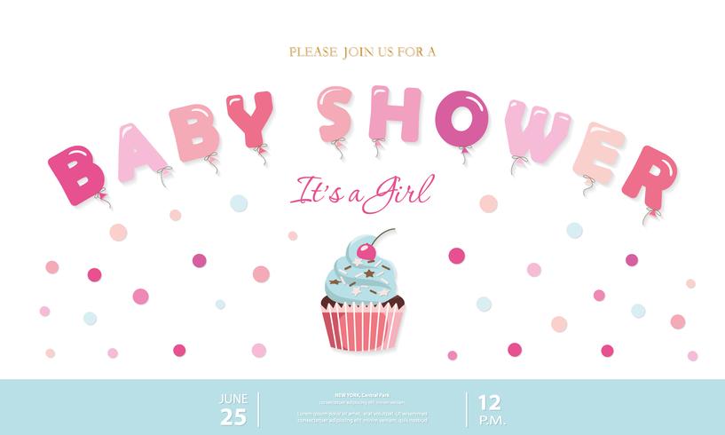 Modèle mignon de douche de bébé fille. Carte d&#39;invitation fête avec lettres de ballon, cupcake et confettis. Couleurs pastel rose et bleu. vecteur