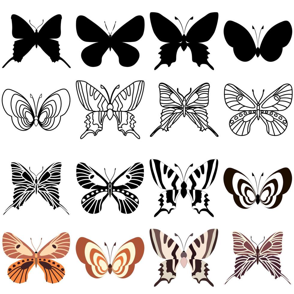 ensemble de papillons insectes silhouette contour vecteur