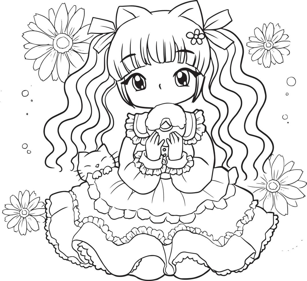 Livre De Coloriage Pour Les Enfants Feuille De Travail Pour Dessiner Avec  Une Fille D'anime De Dessin Animé Enfant Mignon Avec Des Nattes