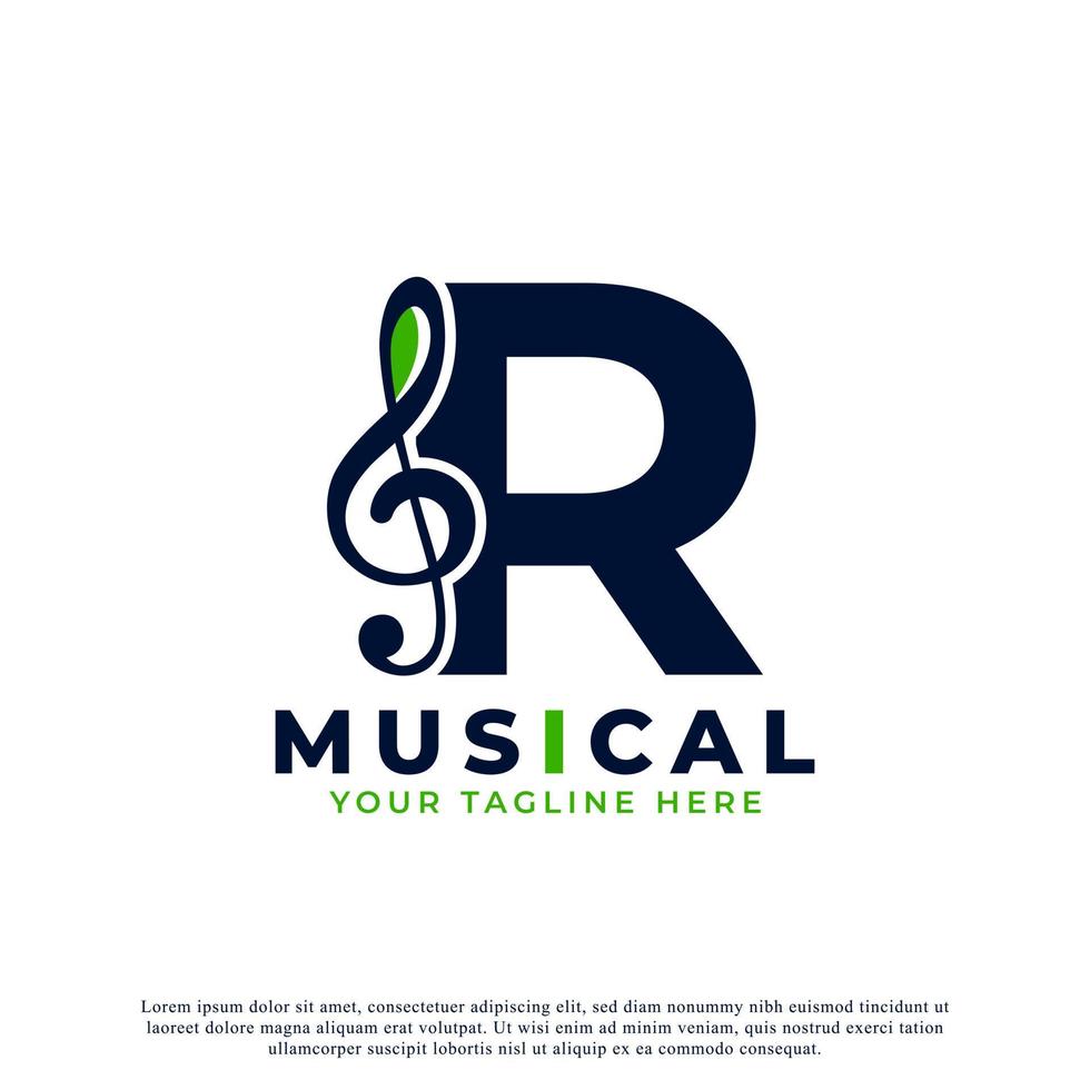 lettre r avec élément de conception de logo note clé de musique. utilisable pour les logos commerciaux, musicaux, de divertissement, d'enregistrement et d'orchestre vecteur