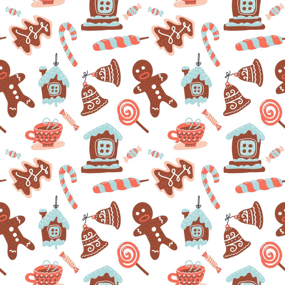 modèle sans couture de noël avec boisson au cacao, biscuit au gingembre, canne en bonbon et sucette. bonbons de Noël. illustration vectorielle pour textile, carte postale, papier d'emballage, affiche, arrière-plan, livre, t-shirt. vecteur