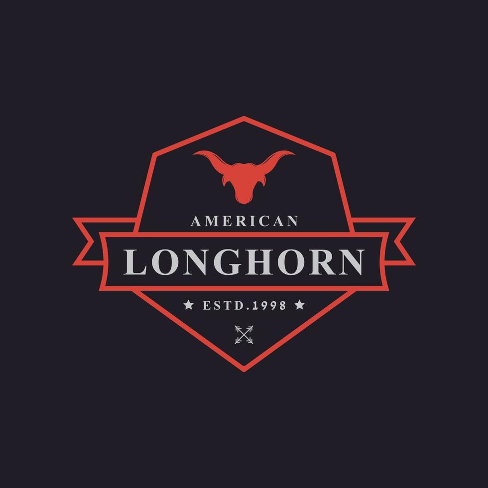 insigne rétro vintage pour la vache texas longhorn, élément de modèle de conception de logo de ferme familiale de tête de taureau country western vecteur