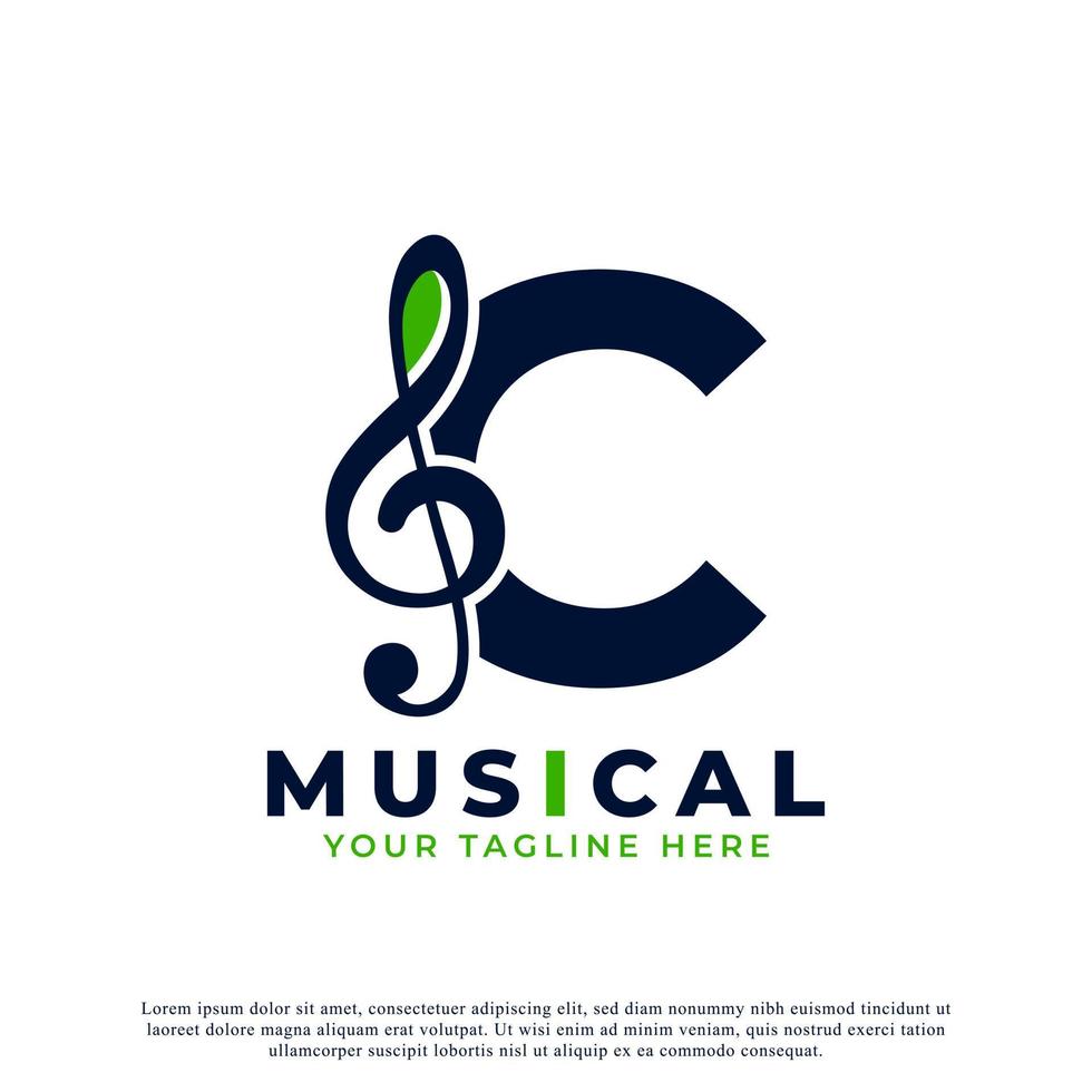 lettre c avec élément de conception de logo note clé de musique. utilisable pour les logos commerciaux, musicaux, de divertissement, d'enregistrement et d'orchestre vecteur