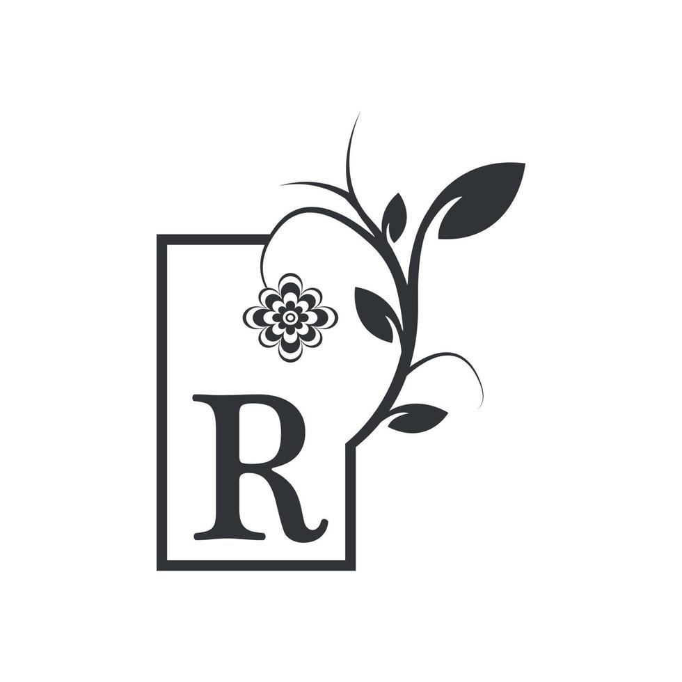 insigne de cadre carré élégant logo de luxe r. floral avec des feuilles de fleurs. parfait pour la mode, les bijoux, le salon de beauté, les cosmétiques, le spa, la boutique, le mariage, le timbre de lettre, le logo de l'hôtel et du restaurant. vecteur