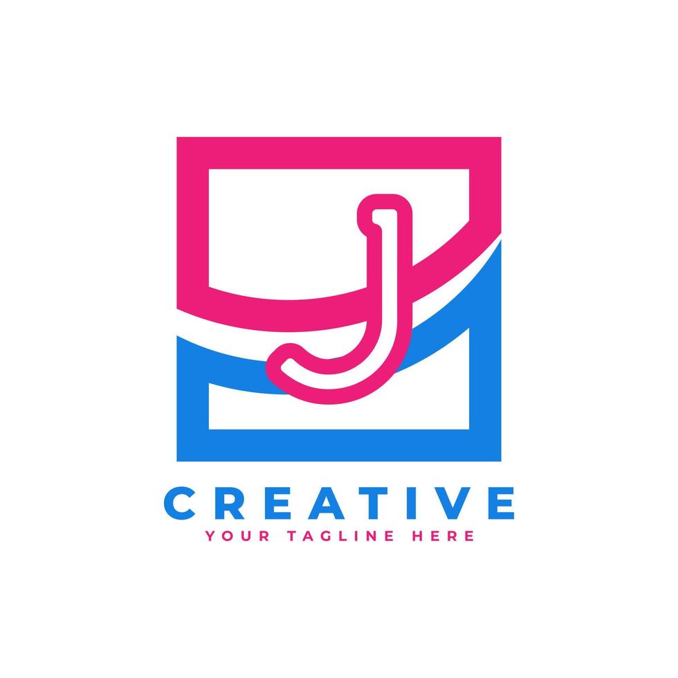 logo de la lettre j de la société avec un design carré et swoosh et un élément de modèle de vecteur de couleur rose bleu