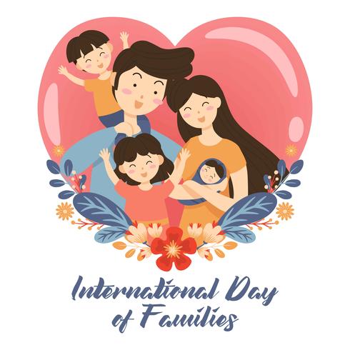 Dessinés à la main Journée internationale de la famille / Journée internationale des familles avec fond d&#39;amour de guirlande de fleurs - Père Mère Fille fils Bébé Illustration vectorielle vecteur