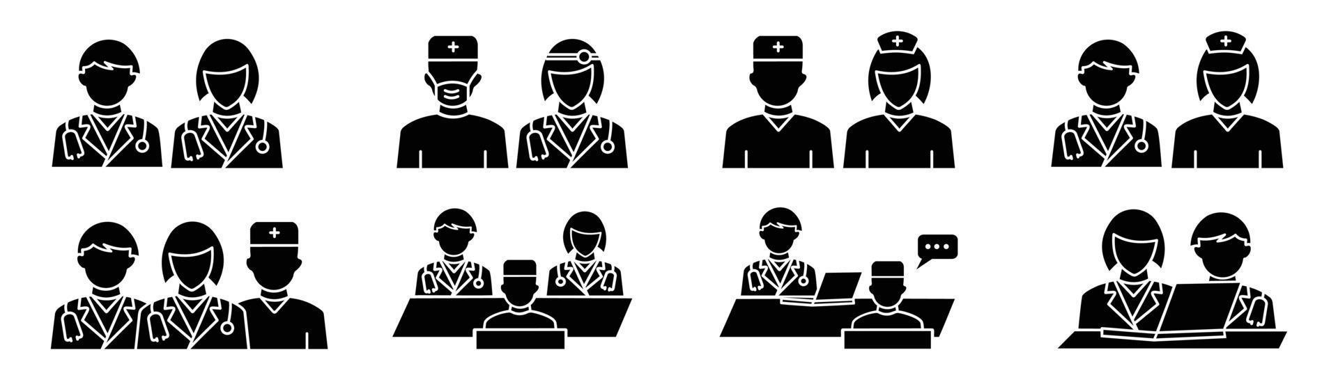 illustration vectorielle du personnel médical, icônes de médecin à plat définies sur le vecteur de style de ligne. icône de médecin et d'infirmière définie dans le style de ligne.