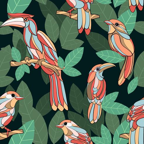 Modèle sans couture de main dessiné oiseau feuille verte tropicale vecteur