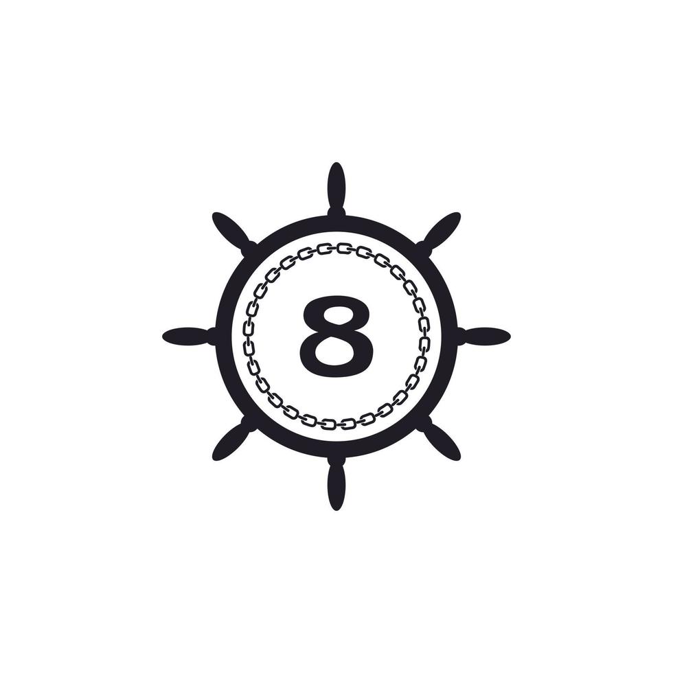 numéro 8 à l'intérieur du volant du navire et de l'icône de la chaîne circulaire pour l'inspiration du logo nautique vecteur